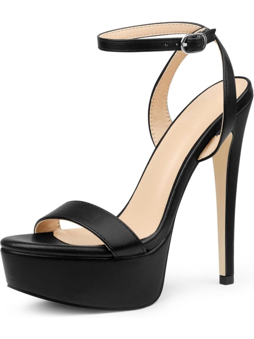 Women's Black Faux Leather Simple One Strap Open Toe Super High Stiletto Heels